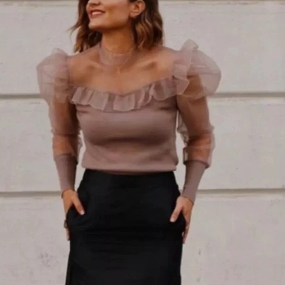 Zara Sheer Ruffle Blouse in Nude and Black